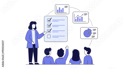 Strategic Presentation: A presenter guides a group of attentive individuals through a strategic plan, highlighting key milestones and data analysis with a focus on organization and progress.