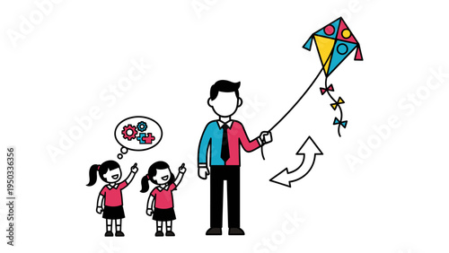 Family Fun with Kite: A father and two daughters joyfully engage in a kite-flying adventure, the vibrant kite soaring against the clear sky, symbolizing carefree moments and family bond.
