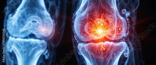 Medical Illustration of Human Knee Joint with X-Ray Effect Highlighting Pain and Inflammation