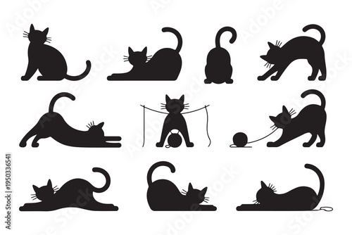 Set of black cat silhouettes in various playful and stretching poses on a white background