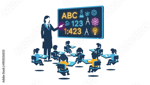 Interactive Education: A dedicated teacher guides a circle of attentive students in a dynamic learning environment, highlighting core concepts on a bright digital display. 