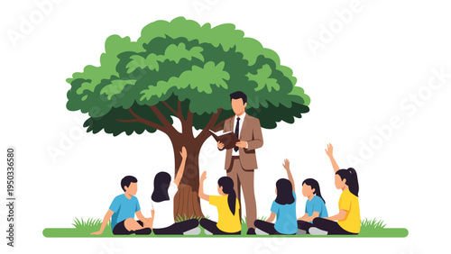 Enlightened Under the Canopy: A teacher captivates a group of students, reading from a book under the sheltering embrace of a grand tree, fostering curiosity and the joy of learning.