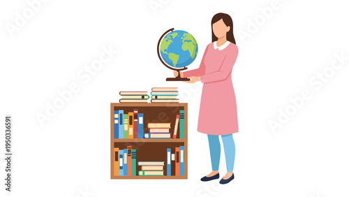 Globetrotter's Mentor: A teacher presents a globe to their students, igniting their curiosity about the world and inspiring them to explore knowledge with a world map and a bookshelf.