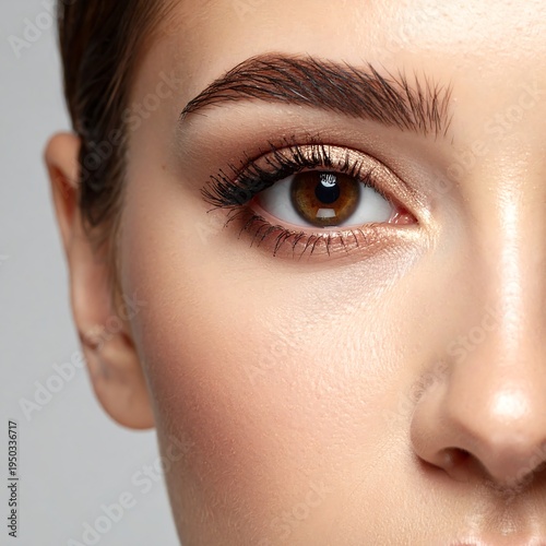 A woman's eye with brown eye shadow and eyeliner