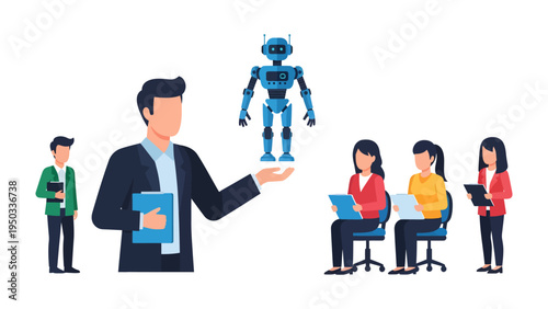 Technological Frontier: A skilled speaker, flanked by several interested observers, presents an innovative mechanical device, ushering in an era of technological advancement.