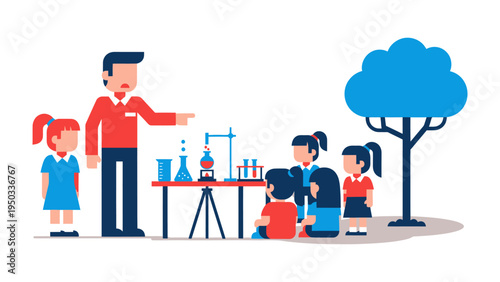 Science Class Illustration: A dynamic illustration showing a science class in session, with children and a teacher engaged in an experiment. The colorful depiction highlights the world of education.