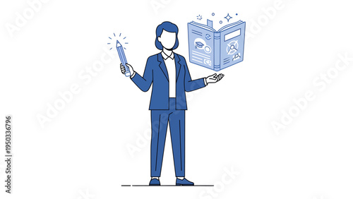 The Author: Conceptual image of a person as an author, holding a glowing pen and a book that is the key to knowledge, insight and the magic of creation.