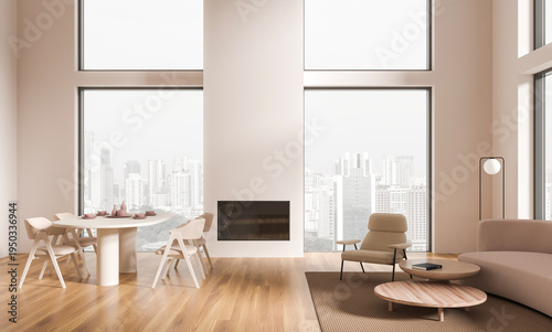 Modern interior showing airy living and dining areas in minimalist style on soft neutral background, concept of contemporary comfort and elegance, 3D Rendering