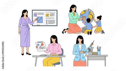 Education & Guidance: A collection of illustrations showcasing teachers in various classroom scenarios, including teaching, presenting, and guiding young students.
