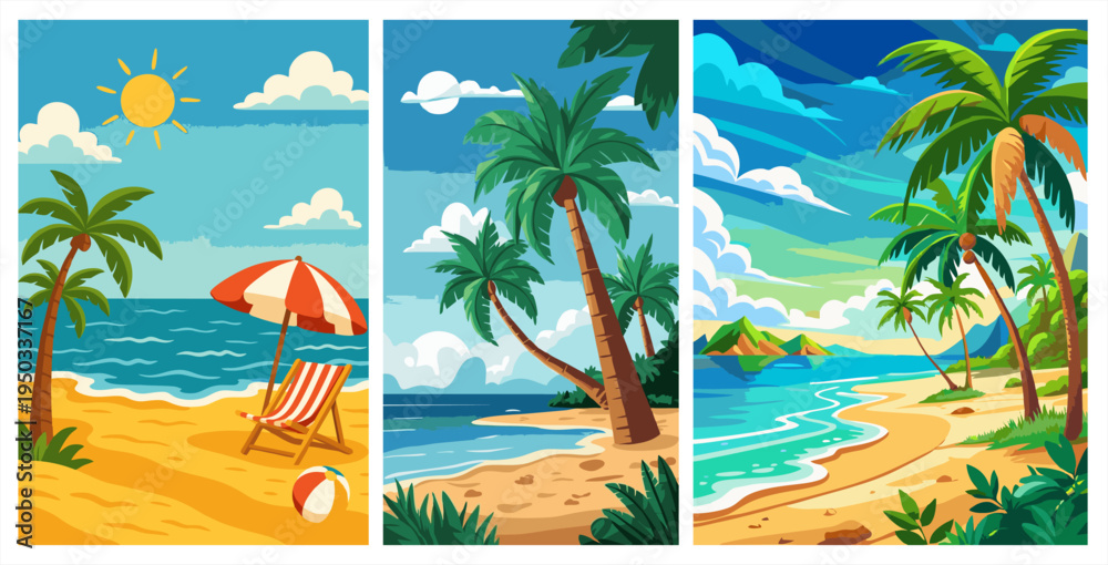 Obraz premium Vibrant tropical beach posters featuring palm trees, ocean waves, sun loungers, and blue skies in a modern flat illustration style.