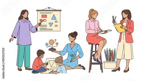 Empowering Educators: A collection of teachers and students collaborating in a vibrant educational setting. Displaying a scene that evokes the essence of education, creativity.