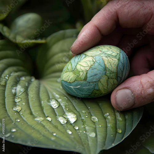 Close-up of a childâs hand-painted egg resting on a large green hosta leaf with realistic water droplets. - Image #1 @Ai content creator