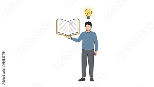 Illuminating Knowledge: An illustrated figure embodies the power of learning, holding an open book as a glowing lightbulb hovers overhead, symbolizing the spark of an idea or insight. 