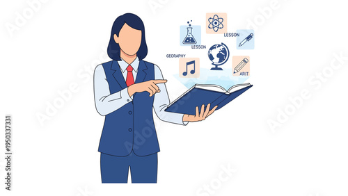 Educational Guide Illustration: An engaging illustration of a teacher pointing towards a textbook, with academic icons hovering around, illustrating educational concepts and academic disciplines.