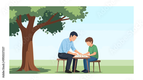 Father-Son Connection: A tender moment unfolds under a tree as a father guides his son. They focus on the activity on the table, creating a moment of togetherness and learning. 