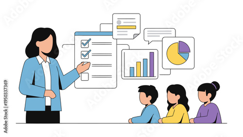 Business Presentation: An illustration of a business presentation led by a woman, providing insights on analytics, planning and charts.