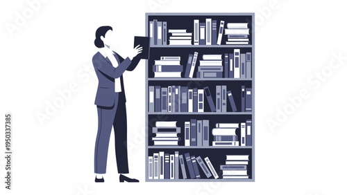 Literary Pursuit: A figure in tailored attire meticulously peruses the bound knowledge, engaging with the stacked volumes that offer gateways to boundless narratives.