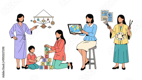 Diverse Aspirations: A collection of illustrations depicting women engaged in various activities, each symbolizing their diverse aspirations and lifestyles.  