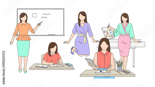 Dynamic Educators in a Classroom Setting: Illustrative portrayals of educators engaging in a variety of activities within a classroom environment.