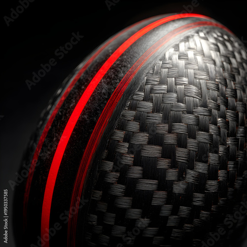 Close-up of a designer egg with a carbon fiber pattern and a single neon red stripe on a dark background. - Image #1 @Ai content creator