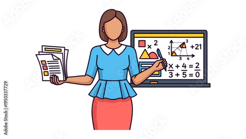 Teacher's Tools and Tech: A dedicated educator, surrounded by essential resources, guides her students, with a laptop displaying interactive math problem