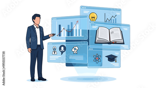 Online Education Instructor: A male instructor presents an immersive online educational experience, surrounded by interactive elements symbolizing learning, information, and the pursuit of knowledge.