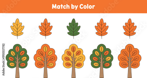 Autumn color matching game for preschool kids featuring fall trees and leaves educational worksheet activity for early learning.