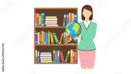 Educator in Library: An educator stands confidently beside a bookshelf overflowing with knowledge, holding a globe to represent the world, an embodiment of learning and guidance.