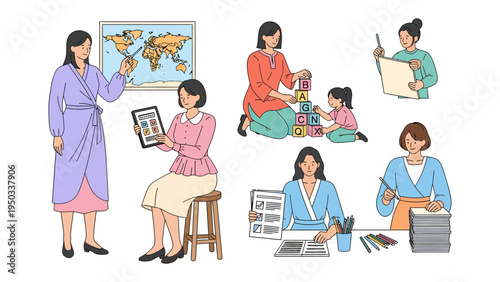 Moments of a Woman's Life: This illustration shows a woman in various aspects of her daily life, encompassing both her professional and personal activities, each frame a unique facet of her day.