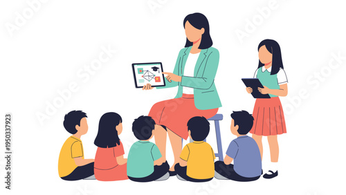 The Teacher's Guiding Hand: A caring teacher in a vibrant classroom setting, illustrating the essence of learning and development. The educator is guiding her students through the study.