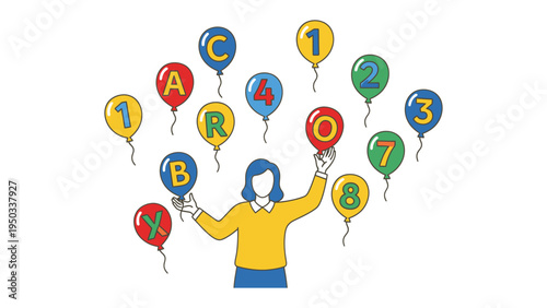 Education and Joy: A person joyfully displays a collection of colorful balloons, each adorned with a letter and a number, creating an atmosphere of learning and amusement.