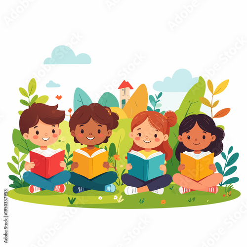 Four diverse children happily reading books together outdoors in a vibrant, natural setting with trees and a small house in the background.