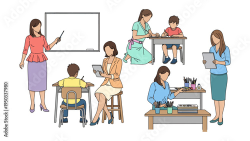 Teacher and Pupil Scene: Various scenes of interaction and collaboration within an educational setting, depicting a teacher guiding and supporting students