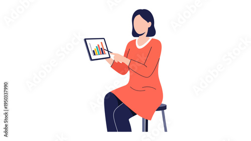 Business Woman with Chart: A poised businesswoman, seated on a stool, uses her digital tablet to display and analyze financial growth, symbolizing business development