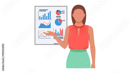 Strategic insights: A female presenter guides a dynamic, data-rich analysis on a presentation board. Demonstrating expertise and vision in a fast-paced business environment.