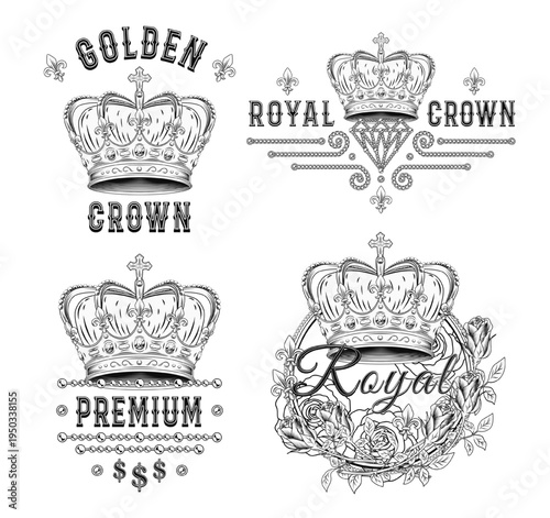 Set of black and white labels with imperial crown, jewelry chains, roses, text. Detailed composition in vintage style on transparent background