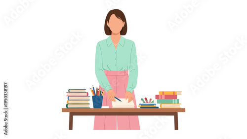 Teacher at Desk: A teacher stands behind a desk, engrossed in marking papers. Capturing the dedication and the quiet environment of academia.