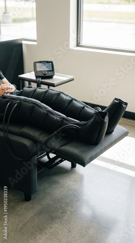 A person is lying on a chair with leg compression boots, connected to a device. This depicts modern recovery and wellness. Ideal for illustrating health, therapy, and longevity concepts.