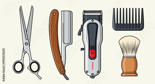 Barber Tools Set: Scissors, Straight Razor, Clipper, Comb, Shaving Brush - Vintage Style