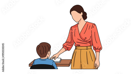 A Teacher's Guidance: An educator in a vibrant top with a skirt, provides guidance to a young student, fostering a moment of learning and support.