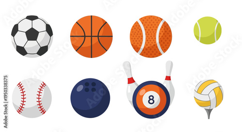 Collection of Popular Sports Balls and Equipment Icons on White Background