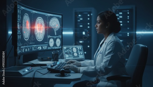 Medical Professional's Brain Scan Analysis: A dedicated medical professional diligently analyzes detailed brain scans on a computer.
