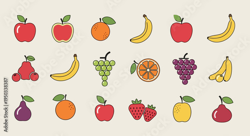 Colorful Assorted Fruits Collection, Healthy Food Icons, Flat Design Style