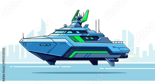 Futuristic Hover Yacht Sailing on Water with City Skyline Background