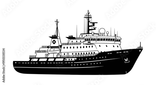 Illustration of a large research vessel or icebreaker ship sailing on the sea