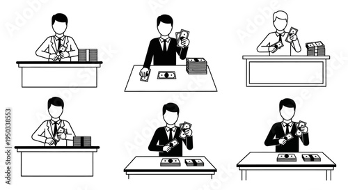 Man in Suit Counting Money Bills at Desk - Business and Finance Concept
