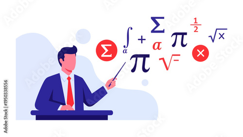 Math Teacher's Explanation: A teacher points to mathematical symbols illustrating a lesson, creating an environment of learning and calculation.
