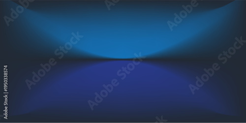 Blue studio gradient background. Abstract empty room backdrop. 3d vector cool light texture. Luxury neon lights limbo bg. Dark festive color bg. Modern photo studio spotlight glow podium gradation
