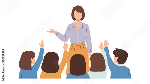 Classroom Interaction: A teacher engaging with her attentive students, hands raised, creating an atmosphere of curiosity and learning.