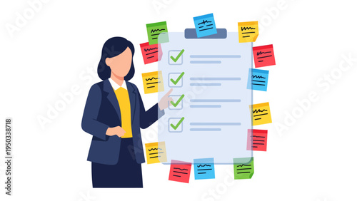 Task Master's List: An illustration captures a dedicated woman managing a checklist of goals, tasks, and priorities with a determined expression.